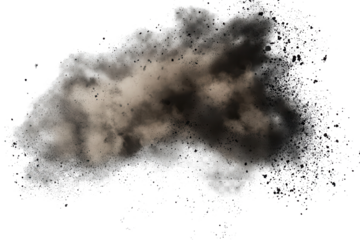 Black dust explosion creates a dramatic cloud effect isolated on a transparent background for graphic design purposes