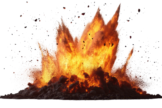 Fire explosion eruption during volcanic activity creating ash and smoke clouds breaking the ground surface in vibrant orange and black tones showcasing raw natural power