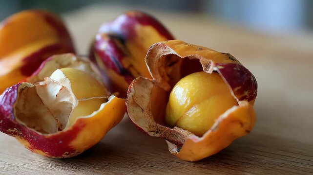 Close-up of ripe akee fruit with vibrant colors, showcasing exotic tropical fruit freshness and
