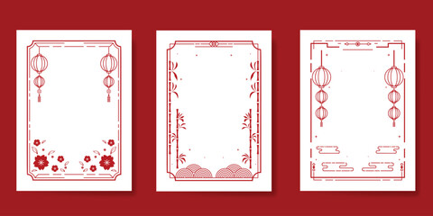 Chinese New Year poster vector set. Elegant card template design with frame, lantern, wave, bamboo, cherry blossom in red line art. Oriental illustration for cover, calendar, envelope, package.