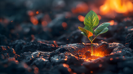 A small green plant with visible veins emerges from dark, fiery, volcanic terrain.  Bright orange and yellow light illuminates the leaves and ground.