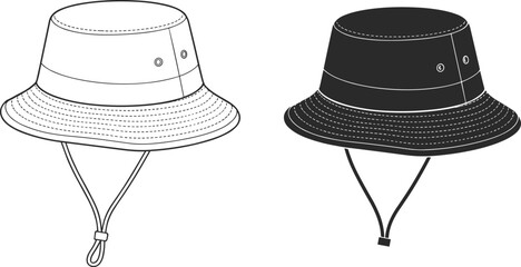 Vector bucket hat front view illustration, black and white version, casual outdoor sun hat with chin strap, summer fashion, hiking accessory