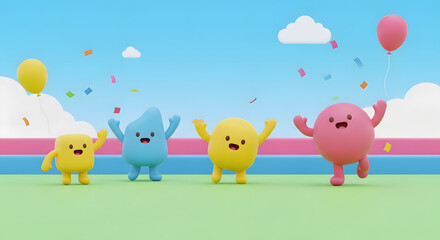Cheerful Cartoon Characters Celebrating with Balloons and Confetti