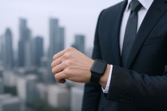 Businessman Checking Time in City: Professional Man in Suit with Smartwatch Against Urban Skyline