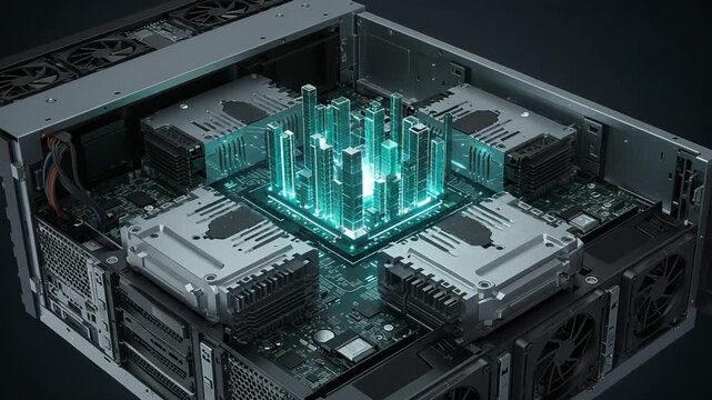 Futuristic server with glowing components in dark setting
