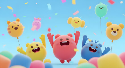 Cheerful Cartoon Characters Celebrate with Balloons and Confetti on Blue Backdrop