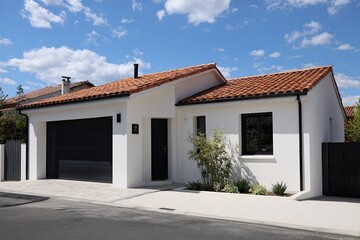 Modern, single-family home with a garage, featuring a terracotta-tiled roof, white exterior walls, and dark accents