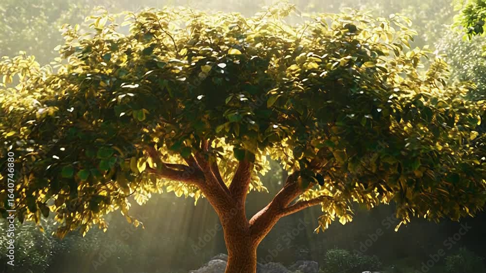 Poster sunlight filtering through trees illuminating lush forest