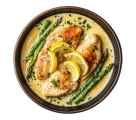 Delicious chicken breast with lemon and asparagus served in a creamy sauce in a bowl transparent background