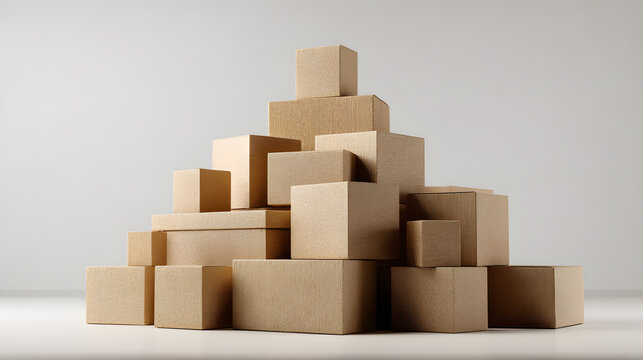Minimalist cardboard boxes arranged in a pyramid, representing modern shopping concepts.