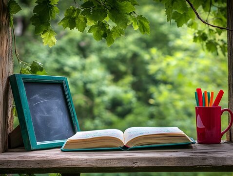 Open book and art supplies on a wooden surface with greenery background
