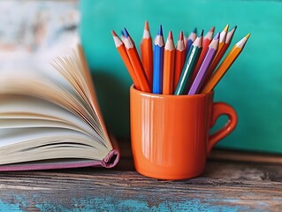 Colorful pencils in orange mug beside open book