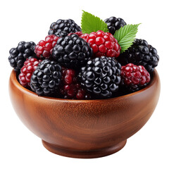 Berry Cobbler made from blackberries and raspberries in wooden bowl, isolated on white transparent background, concept of fresh organic fruit