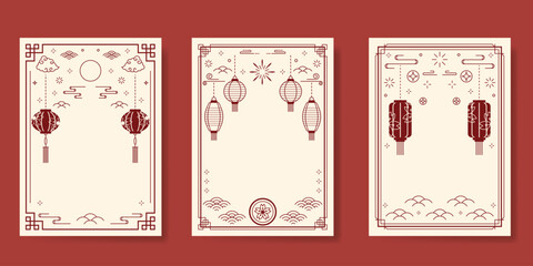 Chinese New Year poster vector set. Elegant card template design with frame, lantern, cloud, wave, firework, flower in red line art. Oriental illustration for cover, calendar, envelope, package.