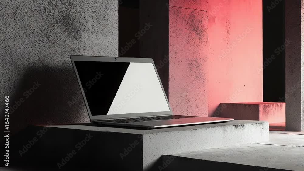 Aufkleber modern laptop showing blank screen on concrete structures with red light