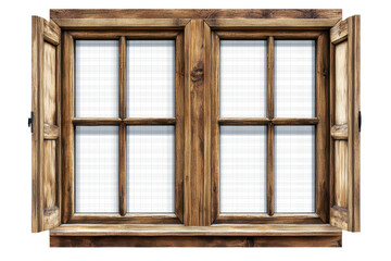 Fototapeta premium Large wooden window frames with transparent panes showcasing a rustic aesthetic in a cozy interior setting