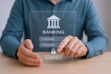 Online Banking Concept: Man Interacting with a Virtual Banking Interface for Secure Transactions