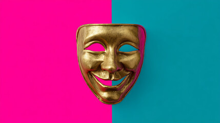 Golden smiling mask symbolizing emotional duality on a split pink and blue background