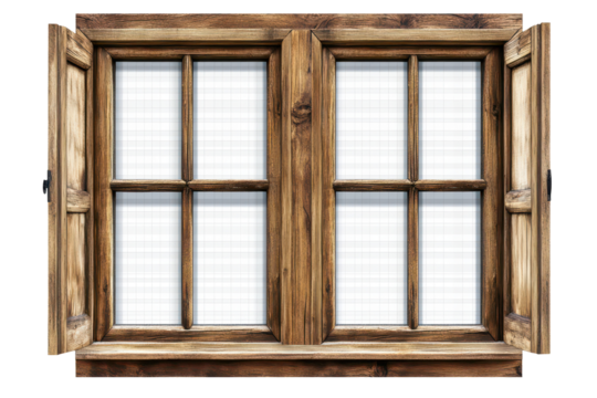 Large wooden window frames with transparent panes showcasing a rustic aesthetic in a cozy interior setting
