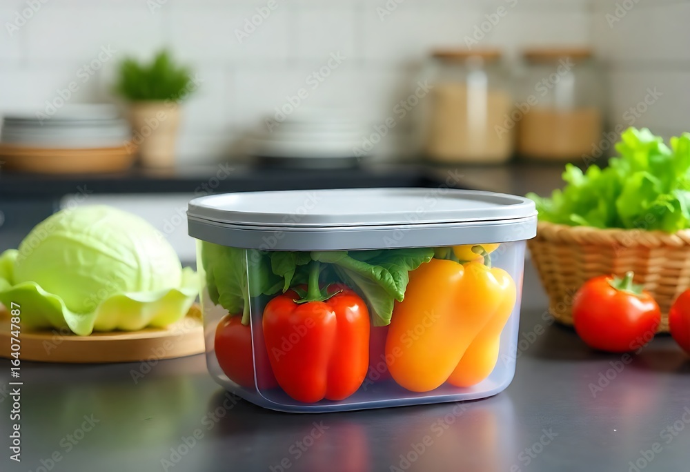 Aufkleber generative ai fresh colorful vegetables in a clear container on a kitchen counter arranged with