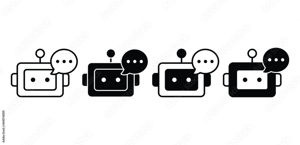 Poster Set of Chatbot Icons Black and White Pixel Art Robot with Speech Bubbles Vector Design Illustration