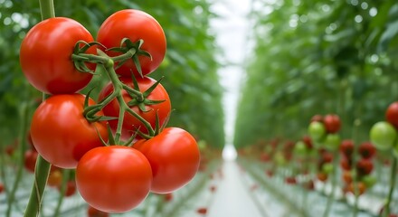 Modern Greenhouse Farming: Ripe Tomatoes on the Vine