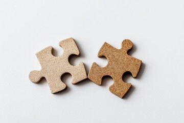 Fototapeta premium Two light brown puzzle pieces, nearly touching, on a white background