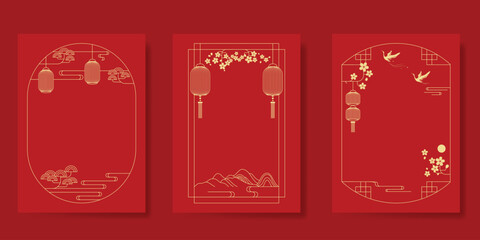 Fototapeta na wymiar Chinese New Year poster vector set. Elegant card template design with frame, lantern, mountain, crane bird, flower in gold line art. Oriental illustration for cover, calendar, envelope, package.