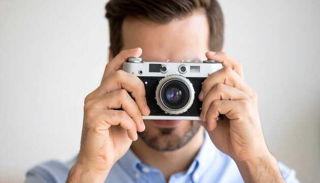 Man photographing with vintage camera Concept with photography, passion, and background.