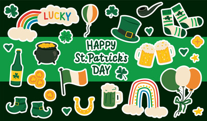 Colorful St. Patrick’s Day sticker collection featuring beer mugs, balloons, rainbow, gold coins, Irish flag, lucky horseshoe, smoking pipe, and festive socks