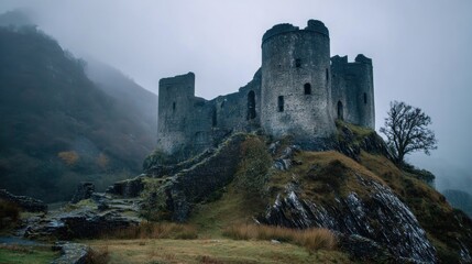 Misty ruins of a mountain castle