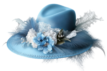Elegant pastel blue ladies hat adorned with delicate flowers and feathers, perfect for garden parties or spring events, showcasing a touch of vintage charm and feminine style