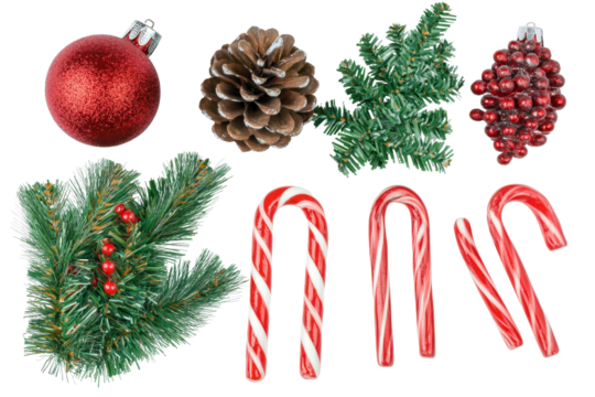 Display of festive red and green Christmas decorations including ornaments, pine cones, candy canes, and greenery arranged in a flat lay format suitable for holiday festivities