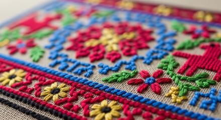 Macro detailed close-up of colorful handcrafted embroidered fabric texture
