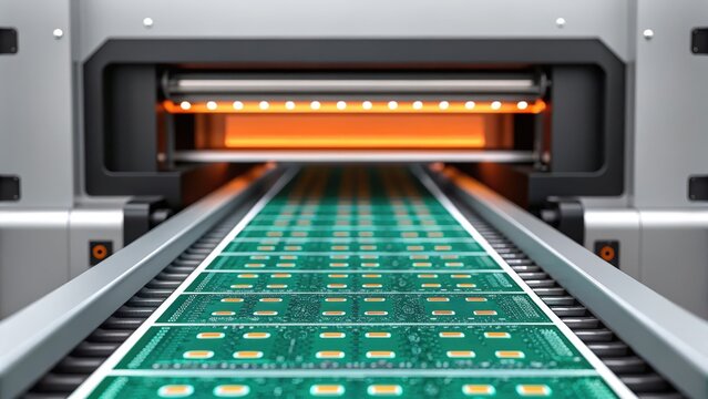 PCB assembly factory, A close-up view of a high-tech machinery conveyor system processing printed circuit boards in a modern manufacturing environment.