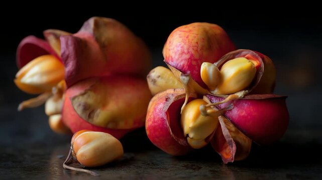 Nature's Gems: Captivating close-up showcasing the beauty of vibrant Spindle Tree seeds on a dark