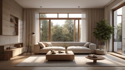 Fototapeta premium Serene Living Room with Natural Light and Garden View Through Large Window