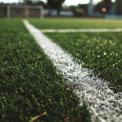 Close-up of a white line on a green artificial turf field (1)