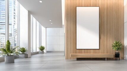 Modern Office Interior with Blank Poster and City View, Ideal for Mockups and Presentations