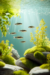 An underwater scene showcasing vibrant plants and fish swimming gracefully among rocks and greenery.