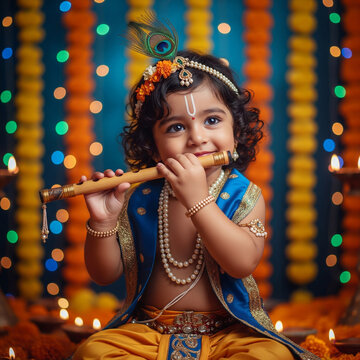 Janmashtami celebration: little krishna playing flute with smile for janmashtami festival krishna playing flute 
