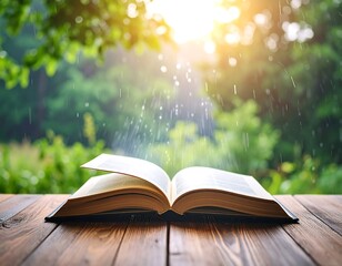 Open book on wooden table, rain-lit forest background