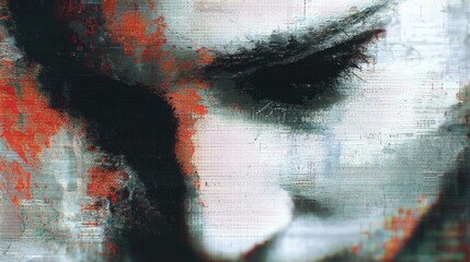 Close-up abstract portrait, textured, with dark, thick lines, and vibrant red/orange accents