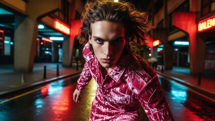 Neon Night: A striking individual confidently strides through a street scene awash in vibrant neon lights and atmospheric ambiance, with a striking display of confidence.