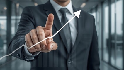 Businessman Pointing at Virtual Financial Growth Interface in Modern Office