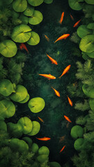 Vibrant koi fish swim among lush lily pads in a serene pond, showcasing nature's beauty and tranquility.