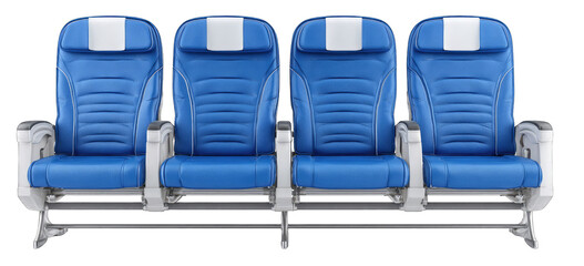 Four blue airplane seats with white accents