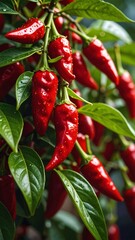 Lush red peppers hang from a vibrant green plant, glistening with water droplets