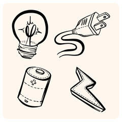 Hand-drawn electricity icons set. A simple doodle collection of power-related symbols, including a lightbulb, plug, bolt, and battery.