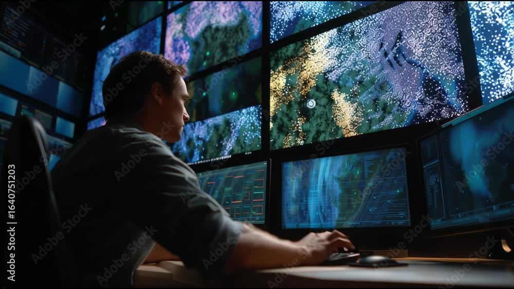 Poster monitor room showcases analysis of complex data visualizations in a high-tech environment